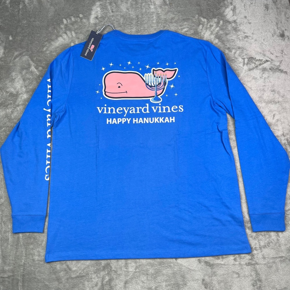 Vineyard Vines Happy Hanukkah Shirt Mens‎ Large Blue Graphic Long Sleeve New NWT